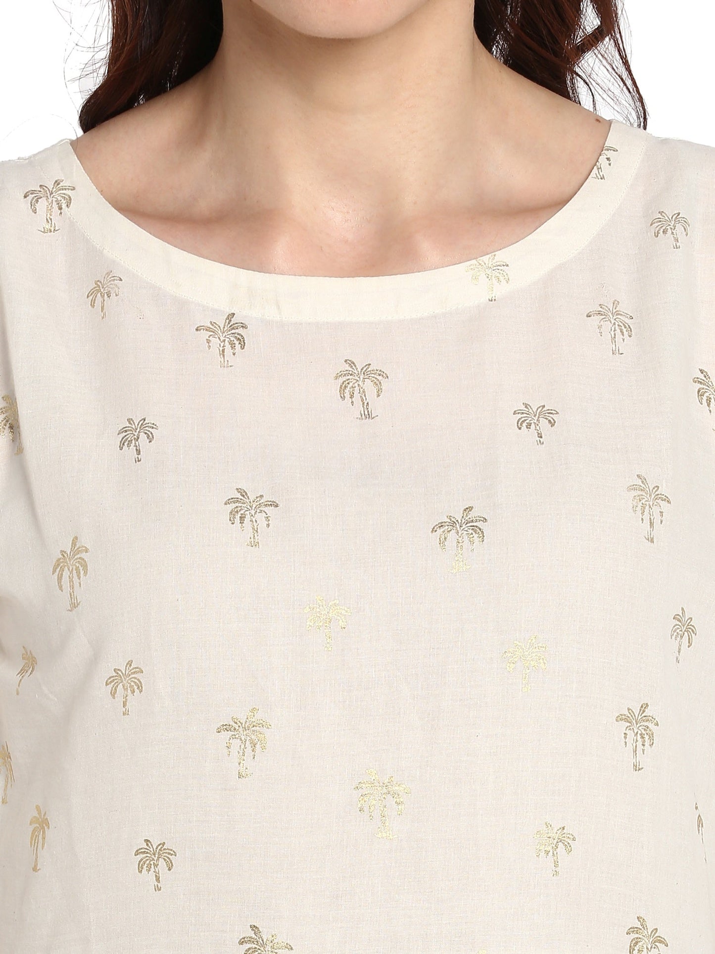 Women's Cream Cotton Only Kurta Dress With Small Banana Tree Print