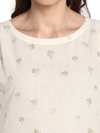 Women's Cream Cotton Only Kurta Dress With Small Banana Tree Print
