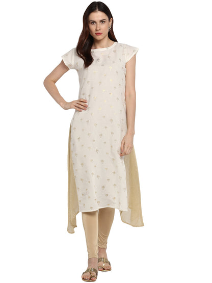Women's Cream & Gold Cotton Only Kurta With Highlighted Slits