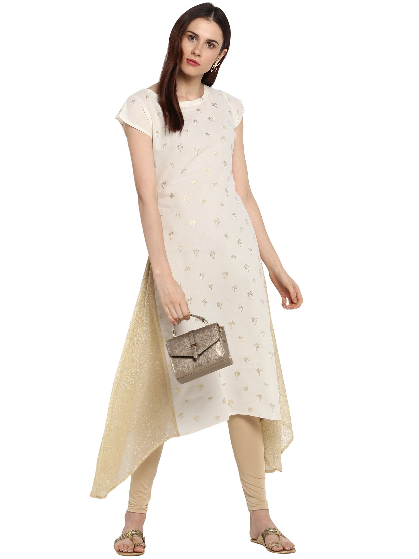 Women's Cream & Gold Cotton Only Kurta With Highlighted Slits