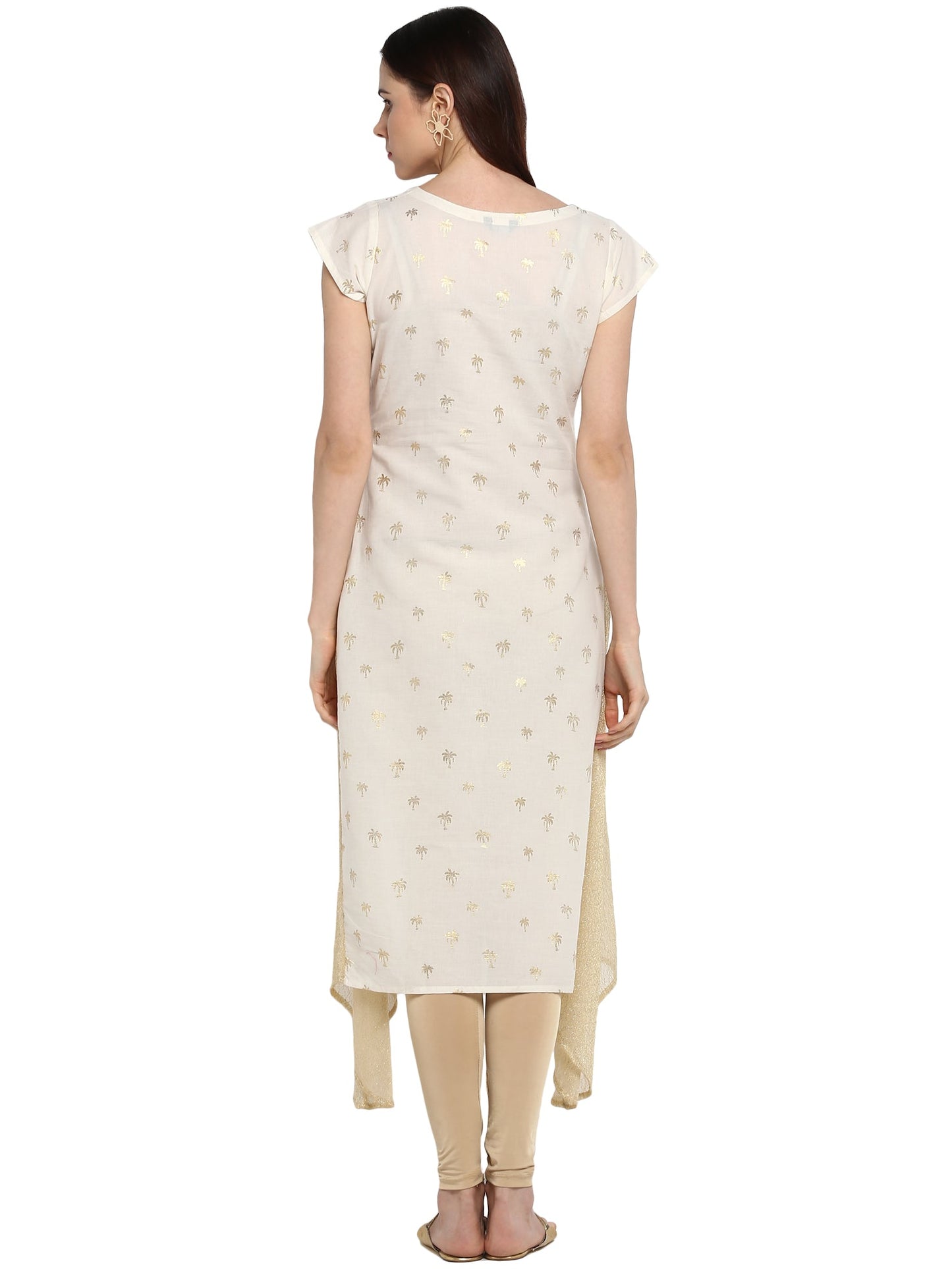 Women's Cream & Gold Cotton Only Kurta With Highlighted Slits