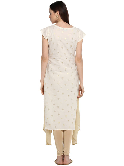 Women's Cream & Gold Cotton Only Kurta With Highlighted Slits