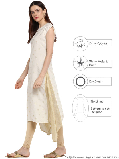 Women's Cream & Gold Cotton Only Kurta With Highlighted Slits