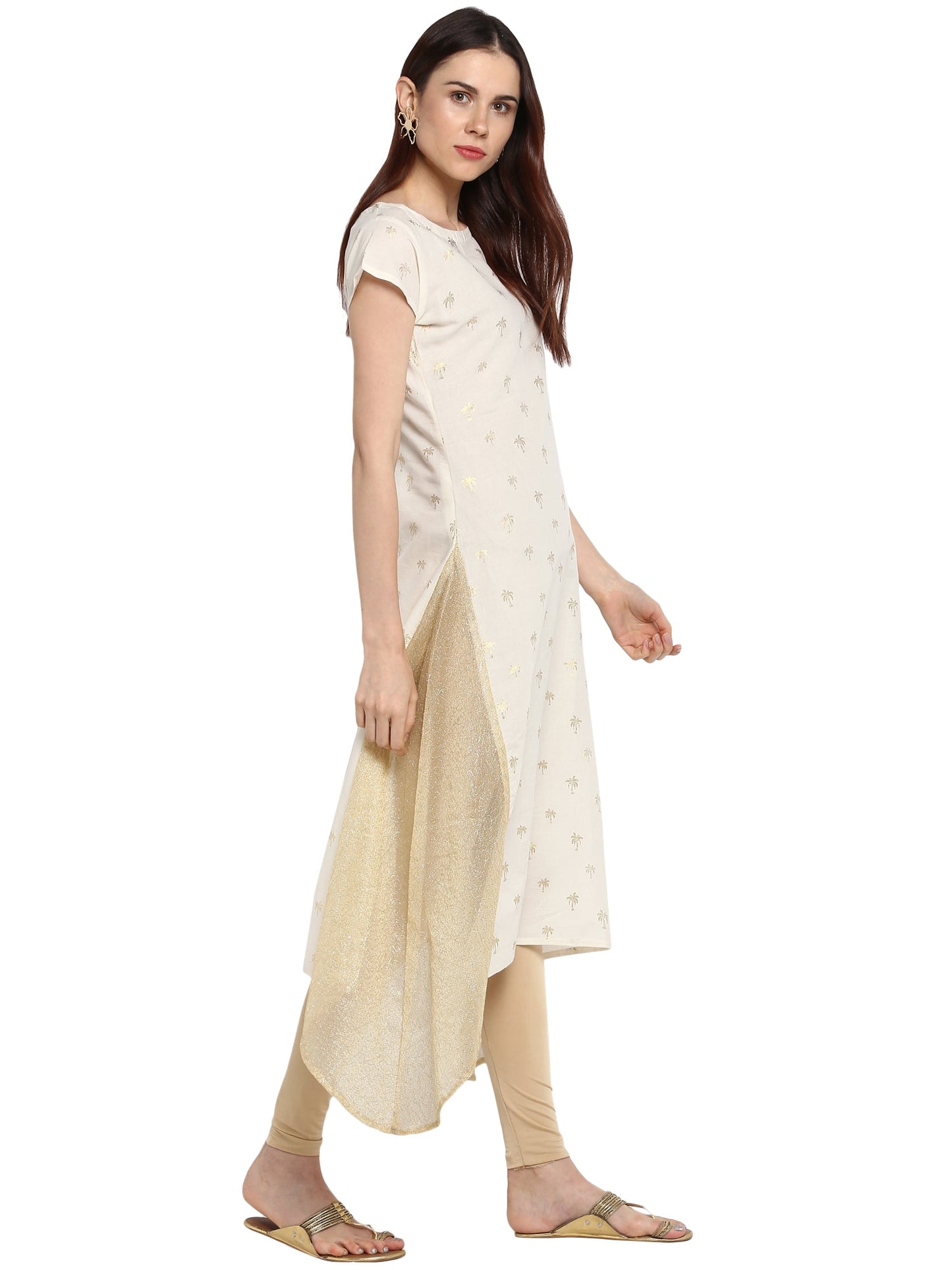 Women's Cream & Gold Cotton Only Kurta With Highlighted Slits