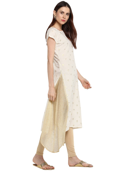 Women's Cream & Gold Cotton Only Kurta With Highlighted Slits