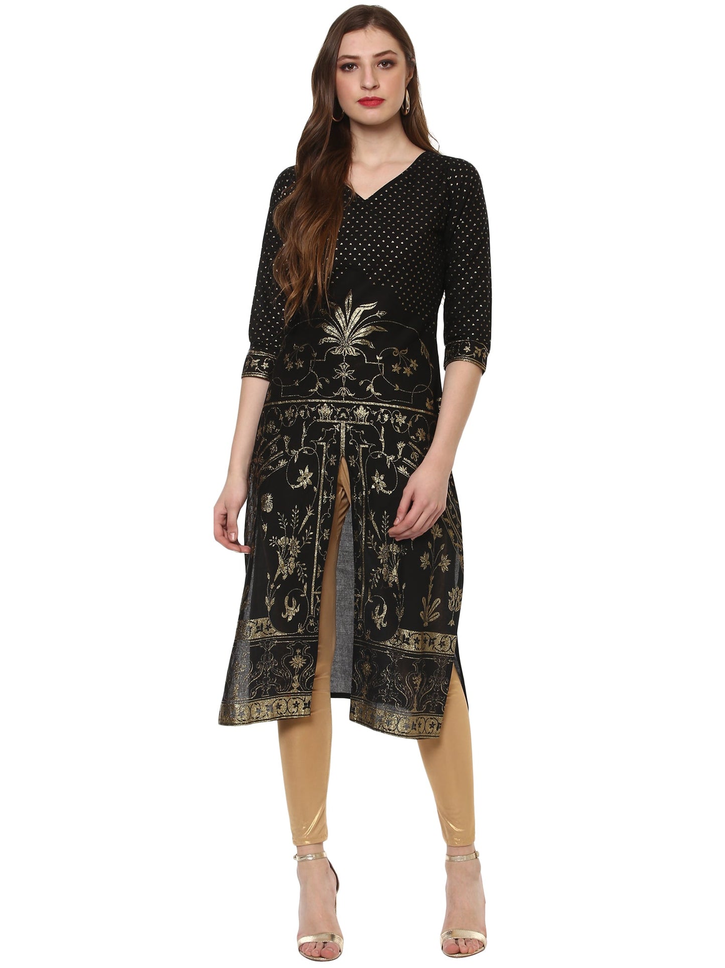 Women's Classic Black Only Kurta With Centre Slit Embellished With Gold Tiny Glitter