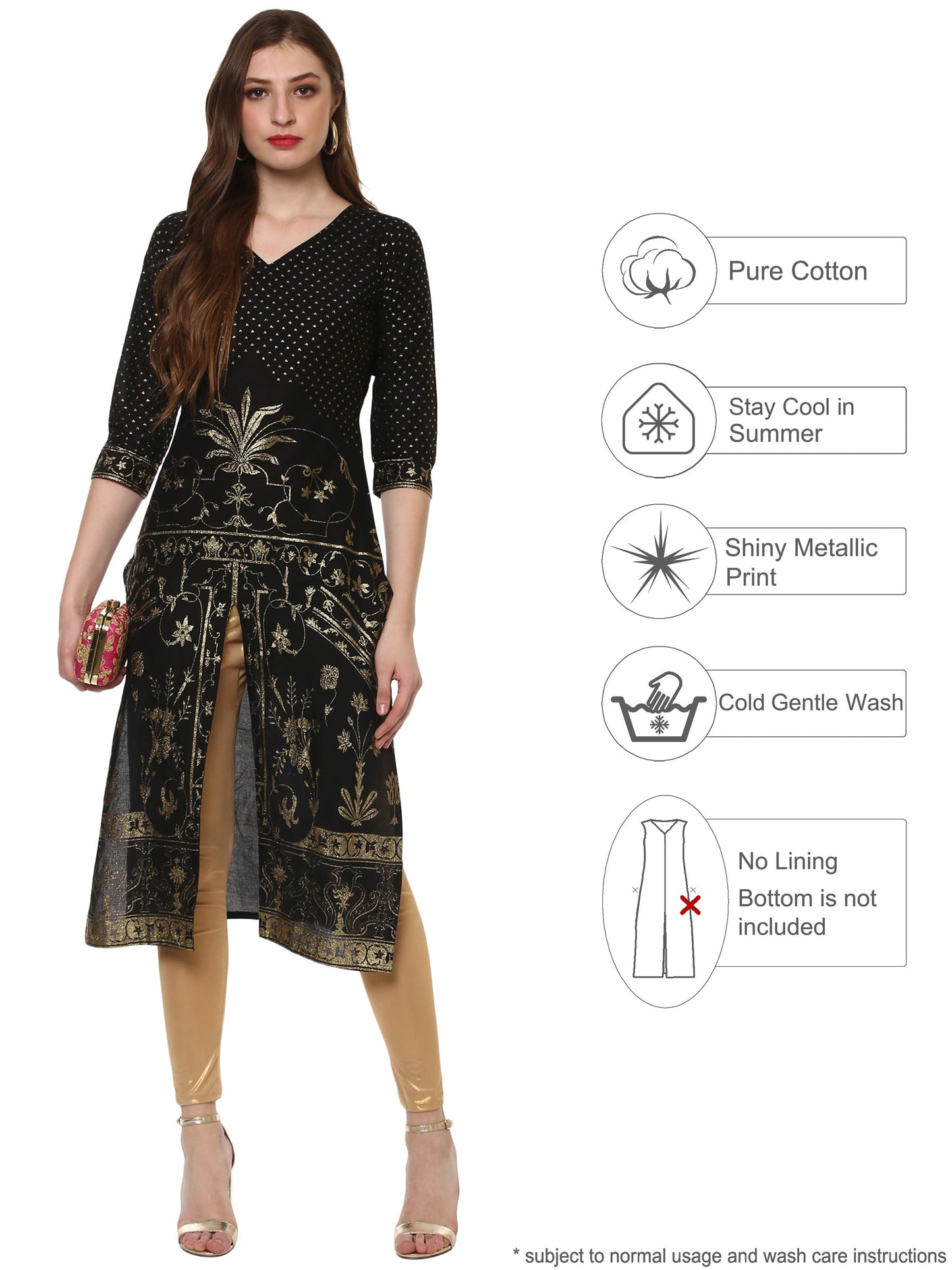 Women's Classic Black Only Kurta With Centre Slit Embellished With Gold Tiny Glitter
