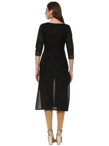 Women's Classic Black Only Kurta With Centre Slit Embellished With Gold Tiny Glitter