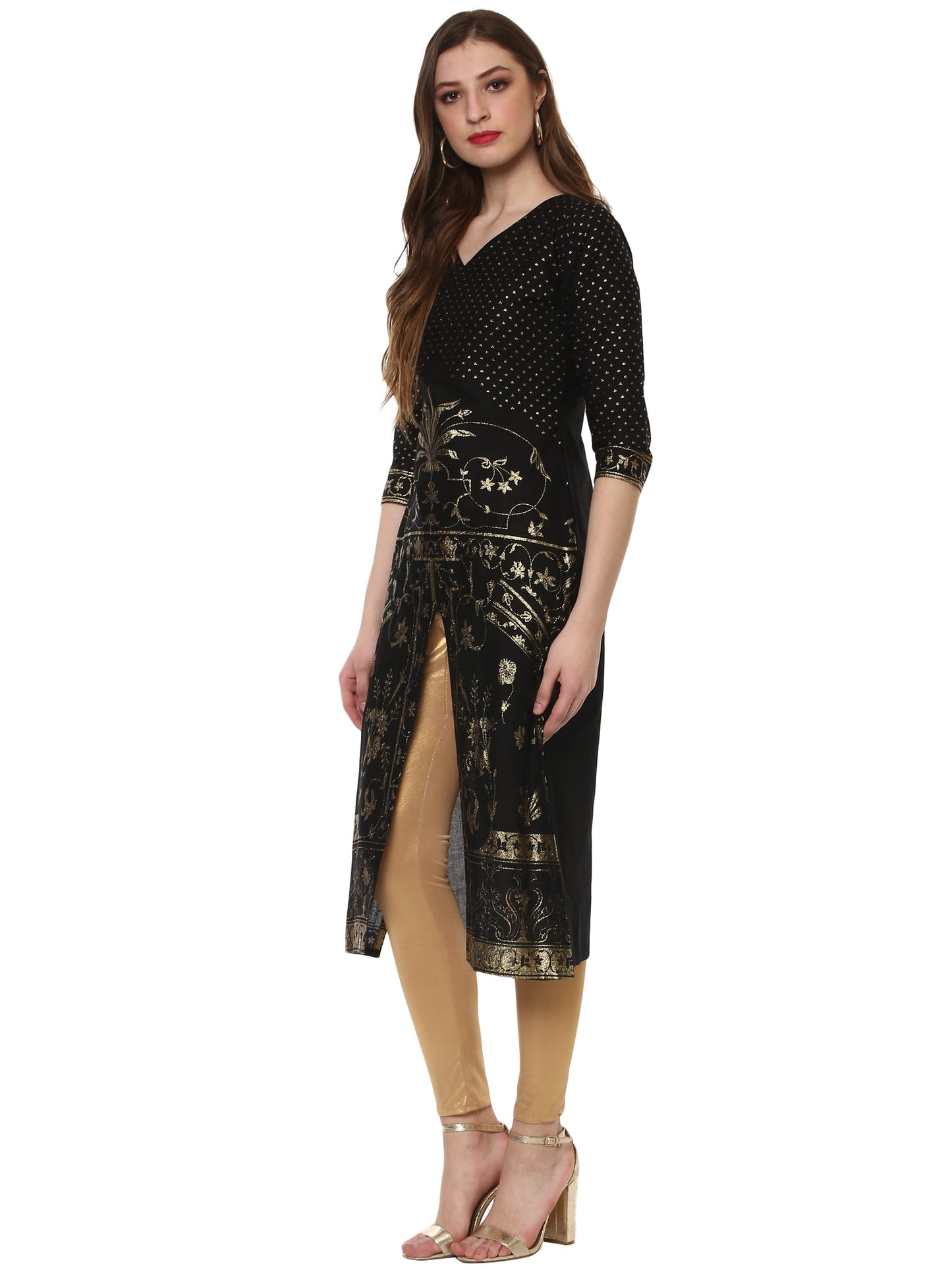Women's Classic Black Only Kurta With Centre Slit Embellished With Gold Tiny Glitter