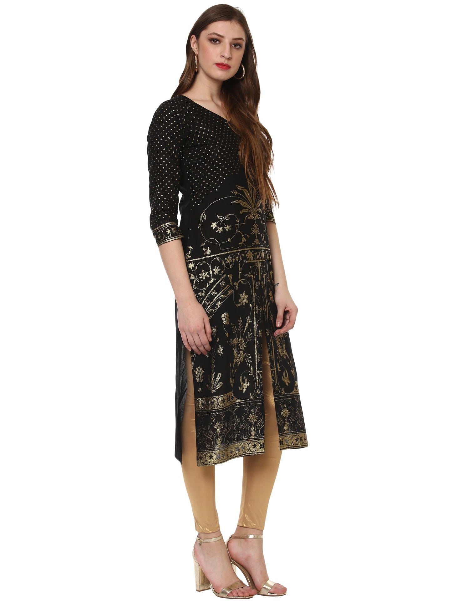 Women's Classic Black Only Kurta With Centre Slit Embellished With Gold Tiny Glitter