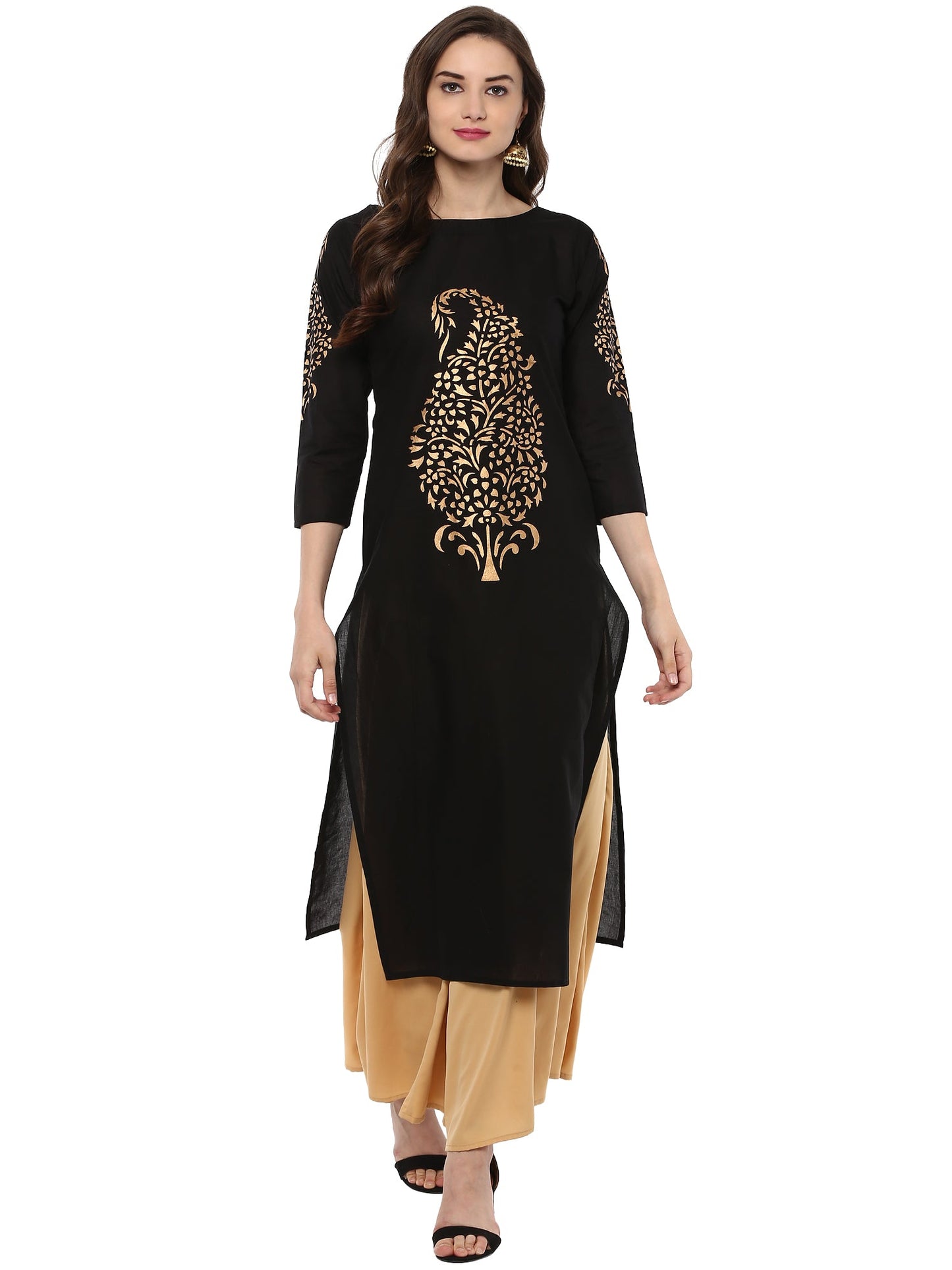 Women's Gold Paisley  Hand Printed Black Cotton Only Kurta