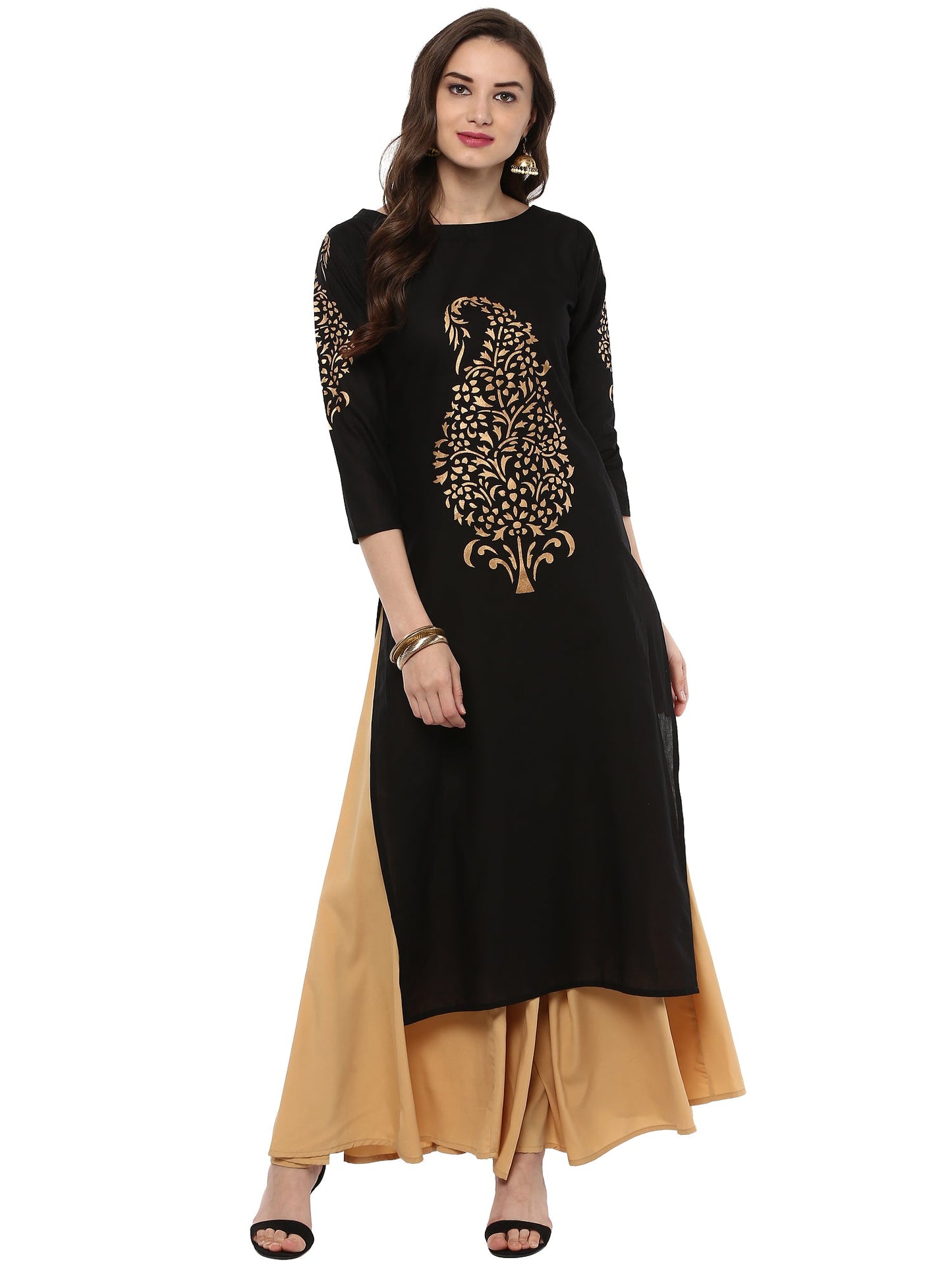 Women's Gold Paisley  Hand Printed Black Cotton Only Kurta