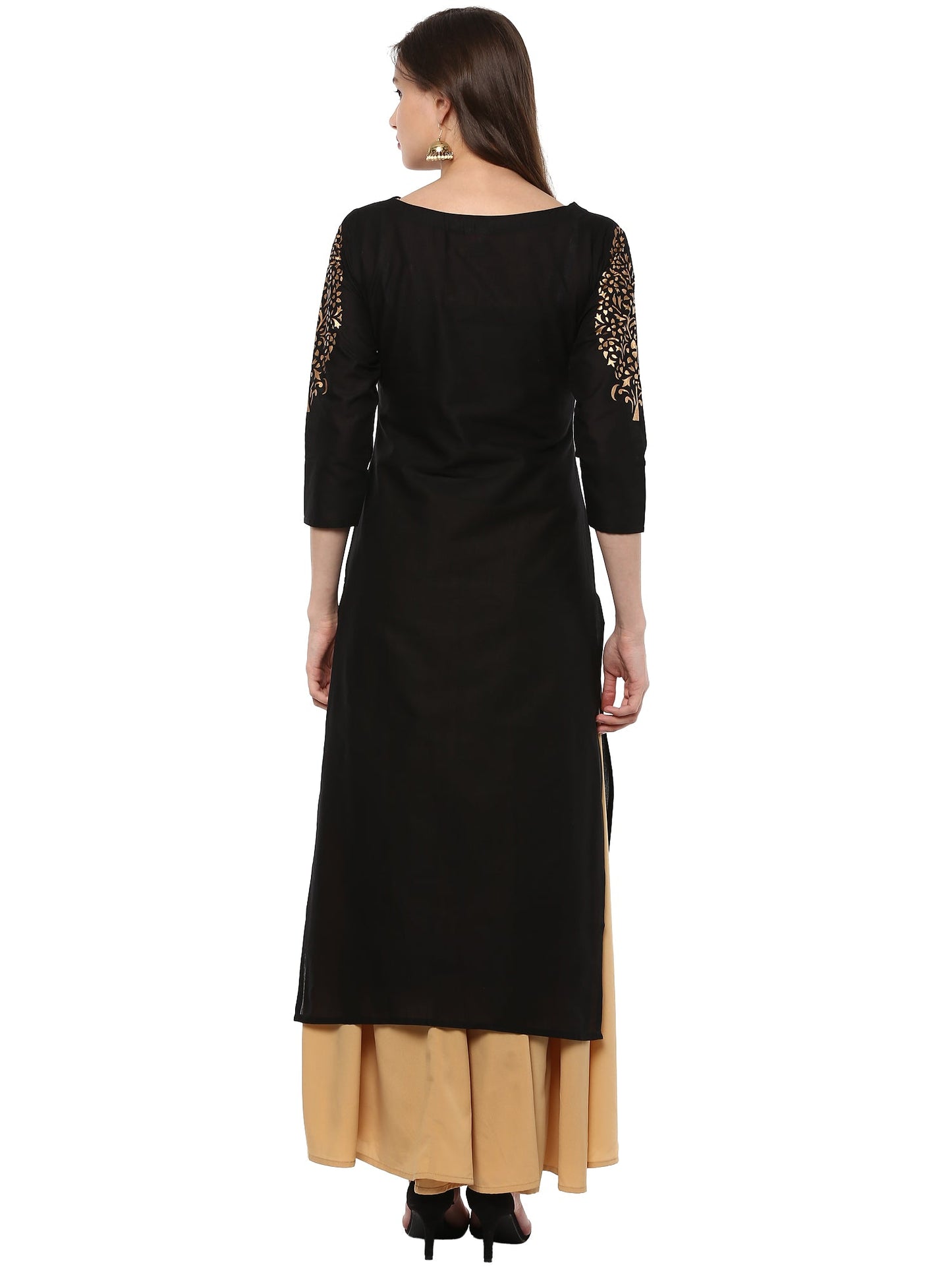 Women's Gold Paisley  Hand Printed Black Cotton Only Kurta