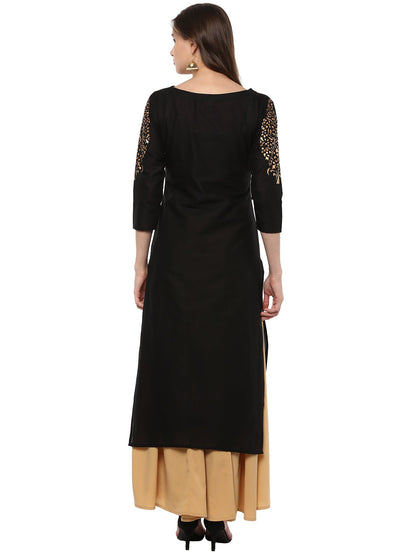 Women's Gold Paisley  Hand Printed Black Cotton Only Kurta