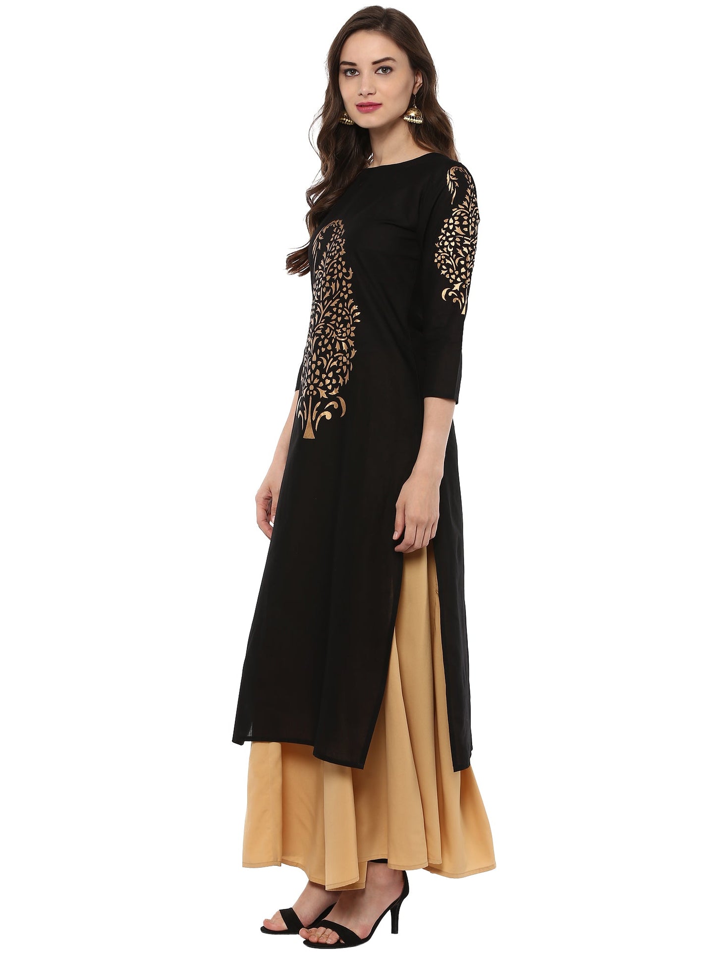 Women's Gold Paisley  Hand Printed Black Cotton Only Kurta