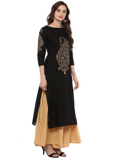 Women's Gold Paisley  Hand Printed Black Cotton Only Kurta