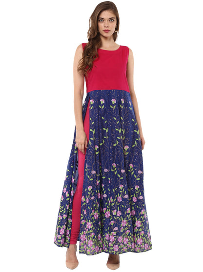 Women's Blue, Pink  & Gold Hand Printed Cotton Only Anarkali Kurta With Side Slit