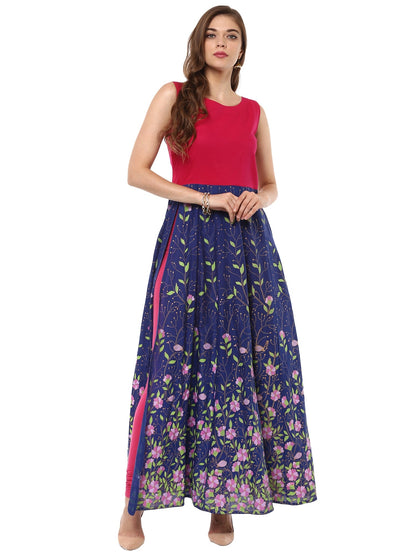 Women's Blue, Pink  & Gold Hand Printed Cotton Only Anarkali Kurta With Side Slit