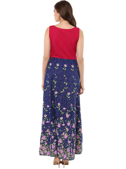 Women's Blue, Pink  & Gold Hand Printed Cotton Only Anarkali Kurta With Side Slit