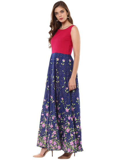 Women's Blue, Pink  & Gold Hand Printed Cotton Only Anarkali Kurta With Side Slit