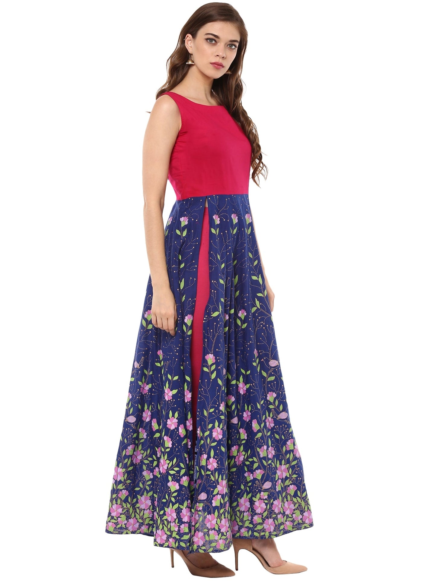 Women's Blue, Pink  & Gold Hand Printed Cotton Only Anarkali Kurta With Side Slit