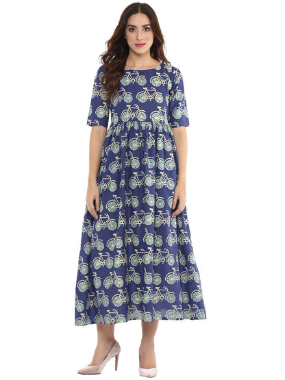 Women's Cycle Print Blue Flared Floor Length Cotton Only Kurta