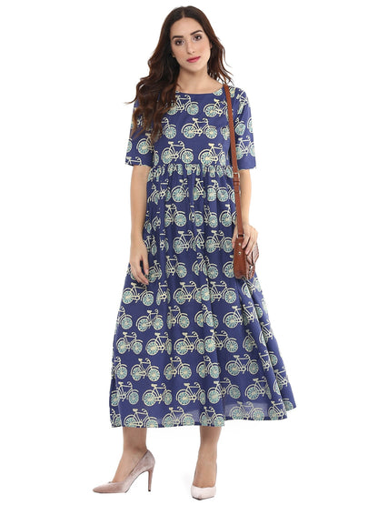 Women's Cycle Print Blue Flared Floor Length Cotton Only Kurta
