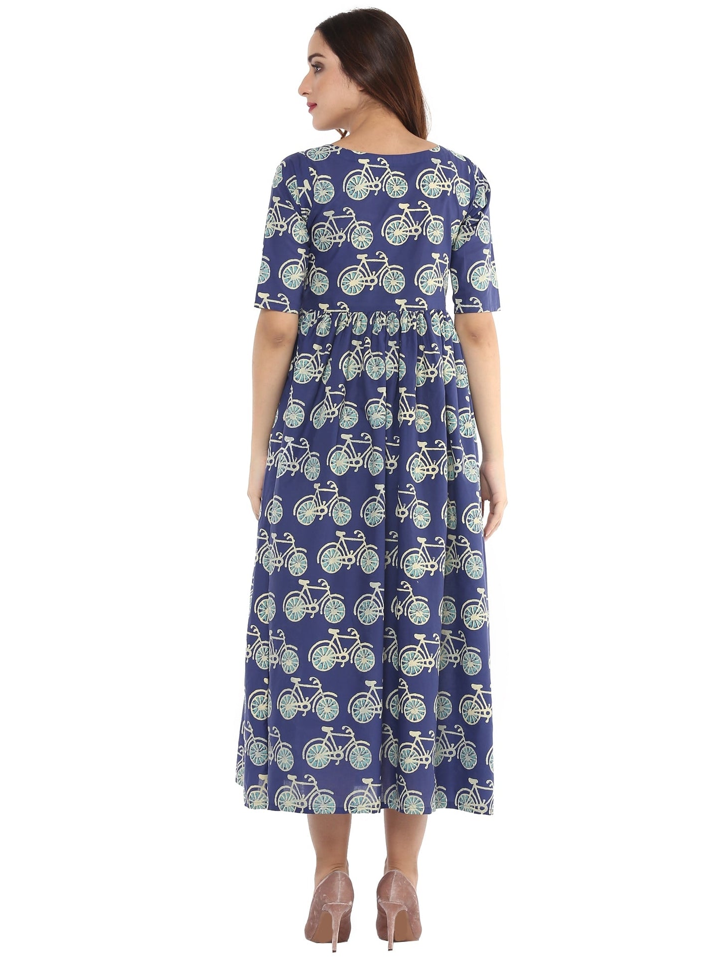 Women's Cycle Print Blue Flared Floor Length Cotton Only Kurta