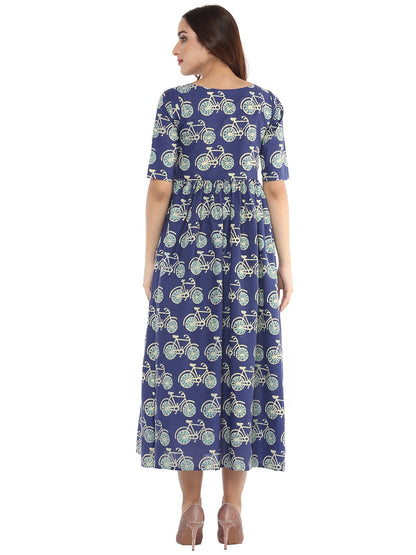 Women's Cycle Print Blue Flared Floor Length Cotton Only Kurta