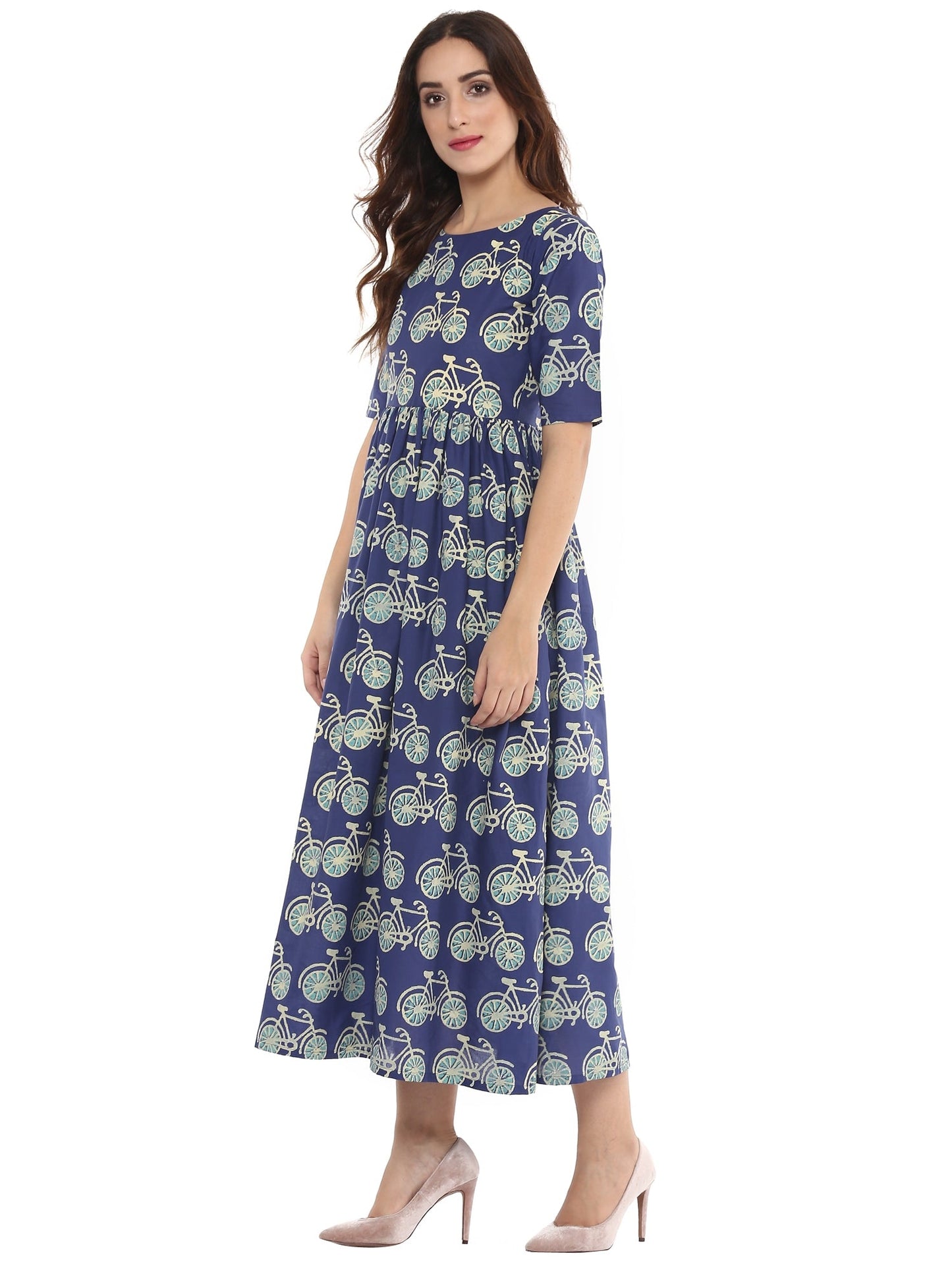 Women's Cycle Print Blue Flared Floor Length Cotton Only Kurta