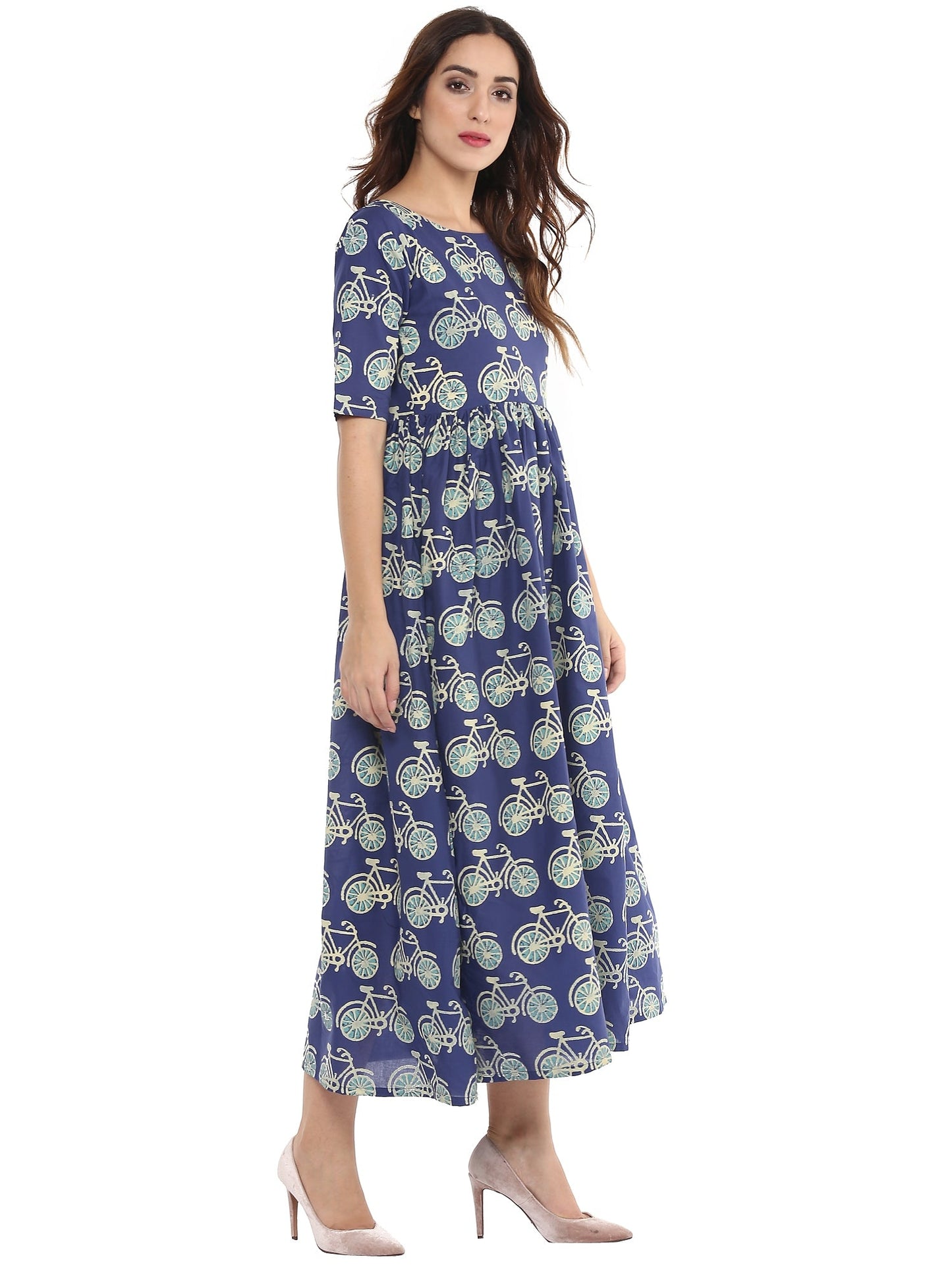Women's Cycle Print Blue Flared Floor Length Cotton Only Kurta