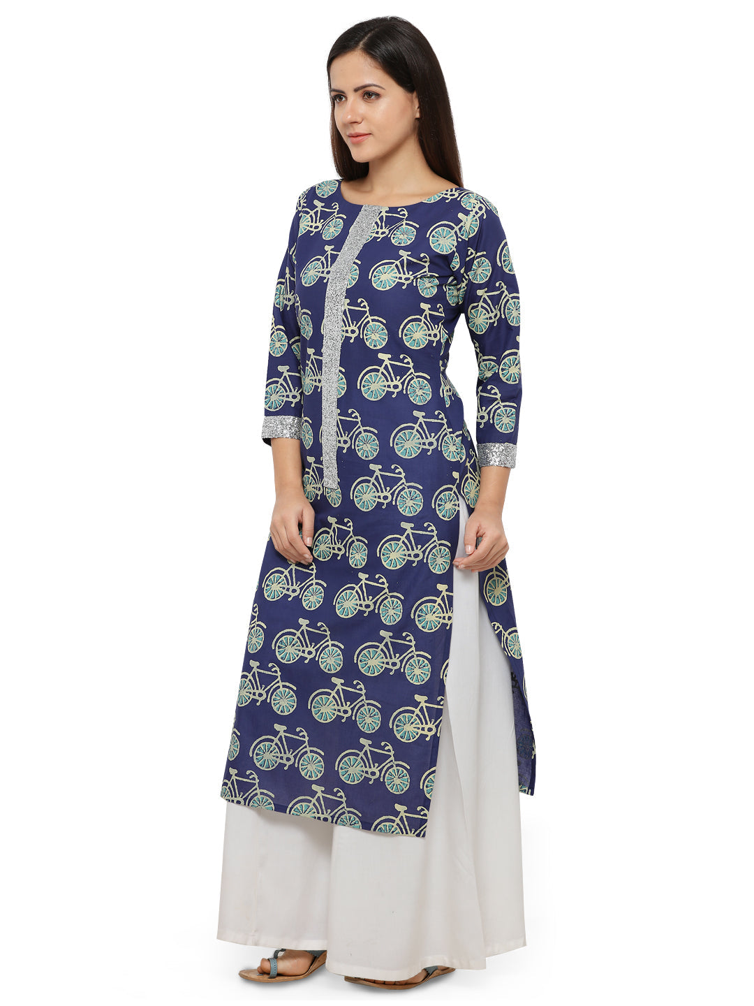 Women's Cycle Print Blue Straight Only Kurta With Silver Glitter Patti