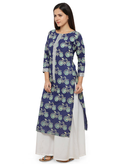 Women's Cycle Print Blue Straight Only Kurta With Silver Glitter Patti