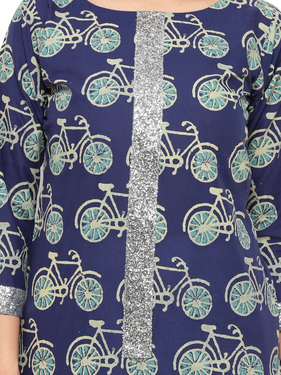 Women's Cycle Print Blue Straight Only Kurta With Silver Glitter Patti
