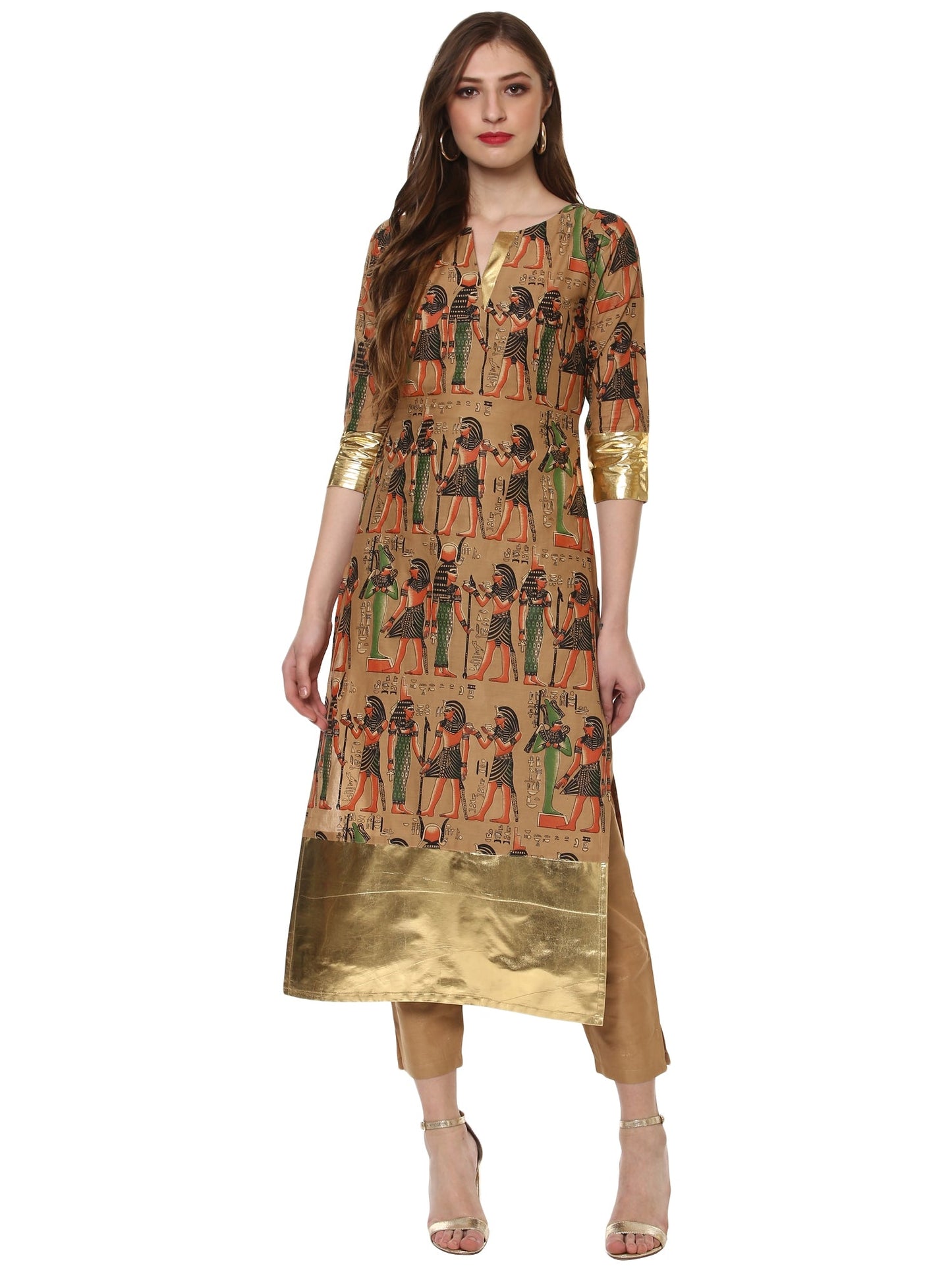 Women's Beige And Gold Hand Printed Straight Only Kurta