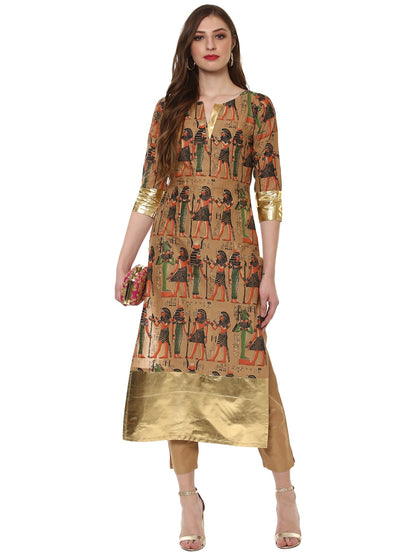 Women's Beige And Gold Hand Printed Straight Only Kurta
