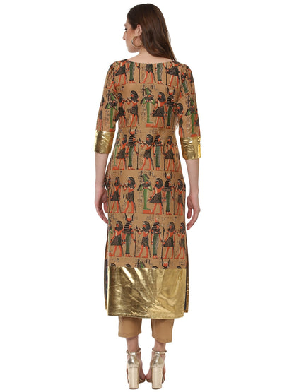 Women's Beige And Gold Hand Printed Straight Only Kurta