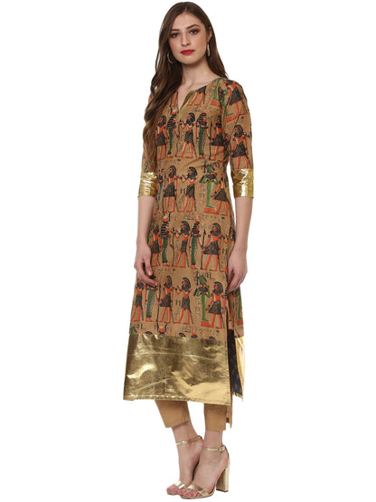Women's Beige And Gold Hand Printed Straight Only Kurta