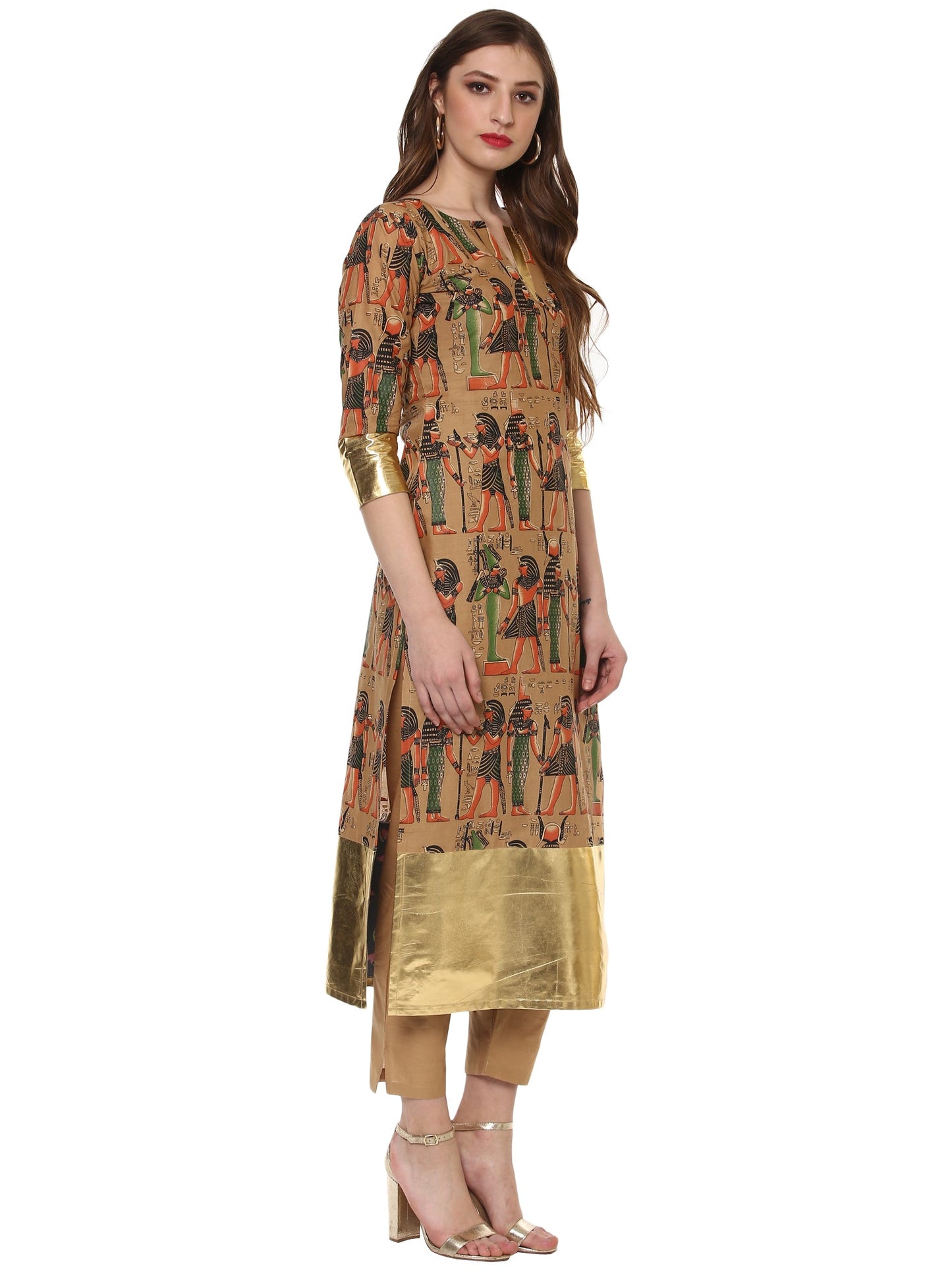 Women's Beige And Gold Hand Printed Straight Only Kurta