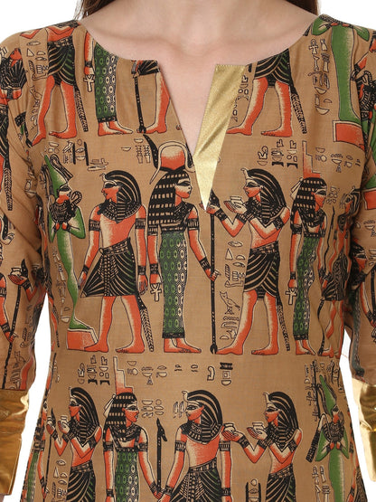 Women's Beige And Gold Hand Printed Straight Only Kurta