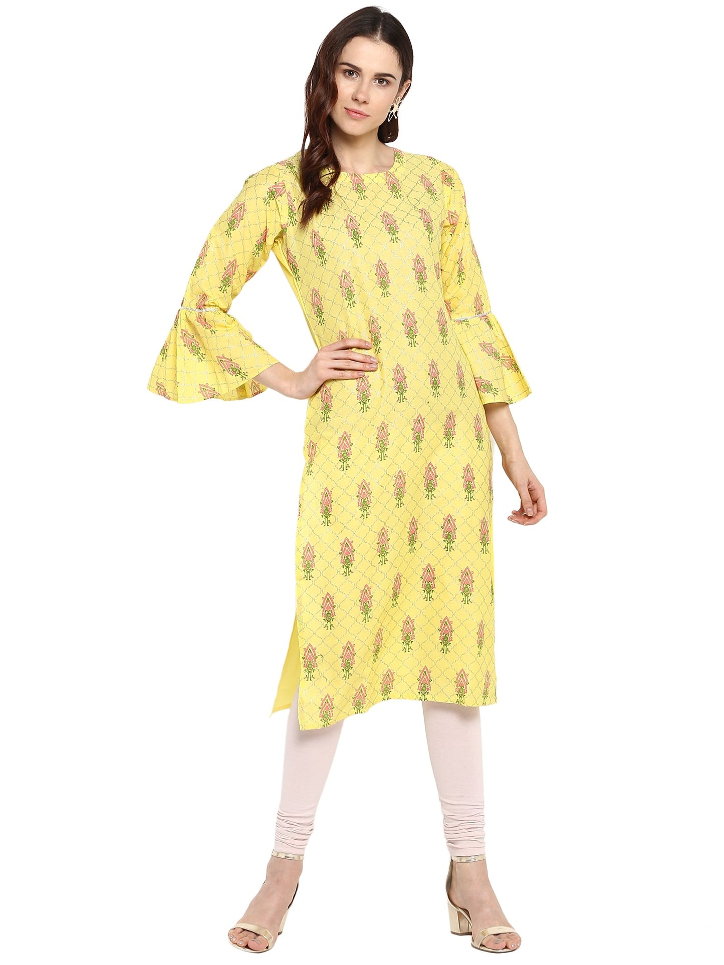 Women's Yellow Cotton Only Kurta With Fit & Flare Sleeves