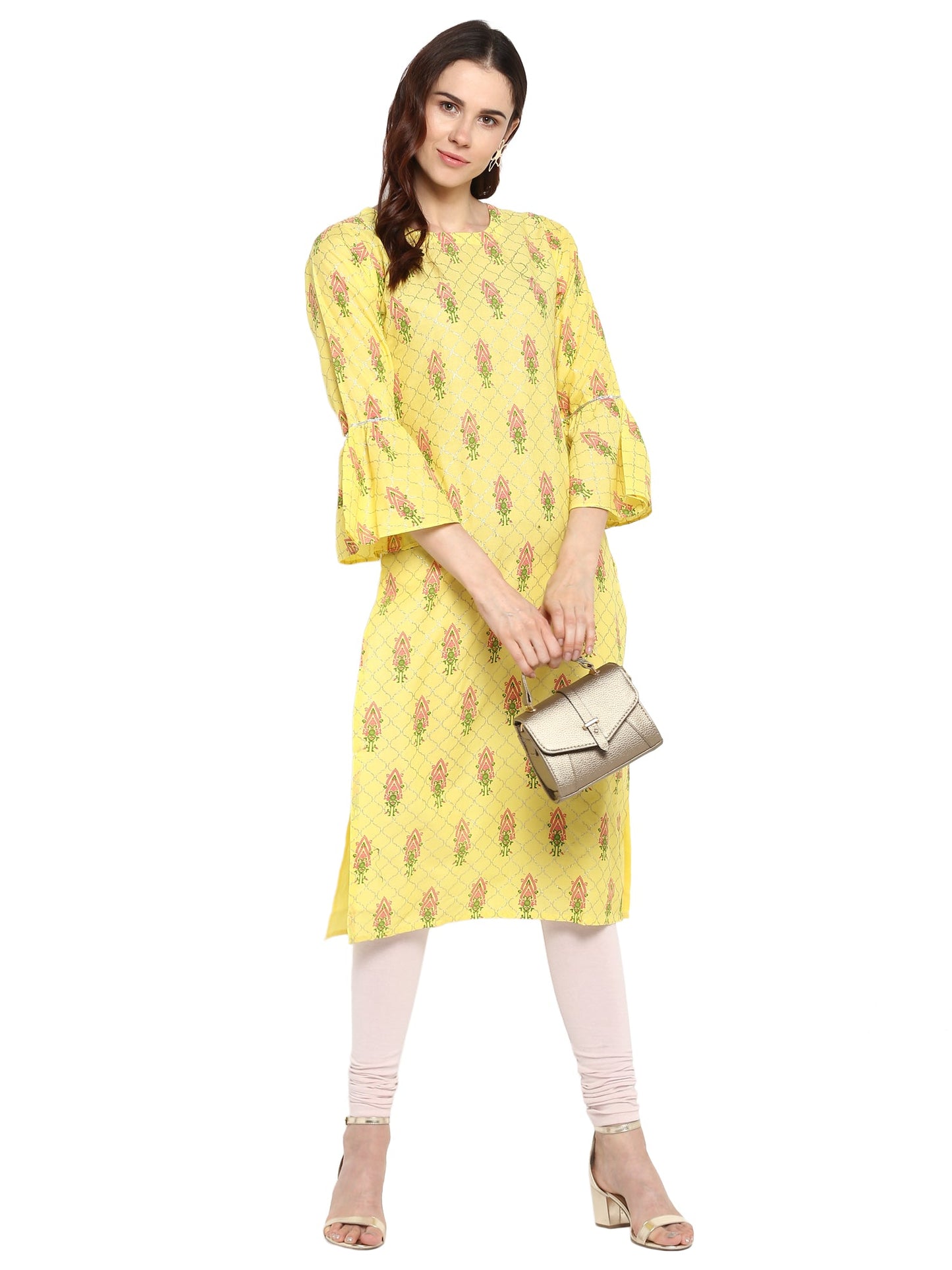 Women's Yellow Cotton Only Kurta With Fit & Flare Sleeves