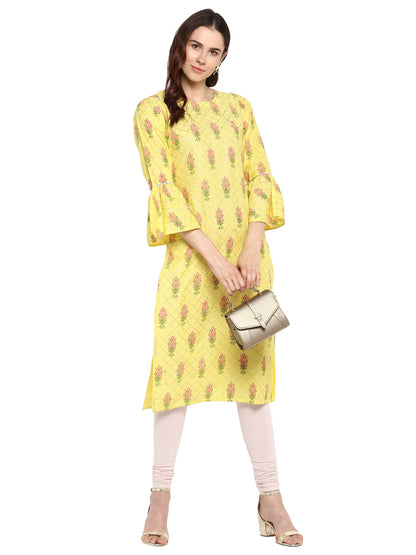 Women's Yellow Cotton Only Kurta With Fit & Flare Sleeves