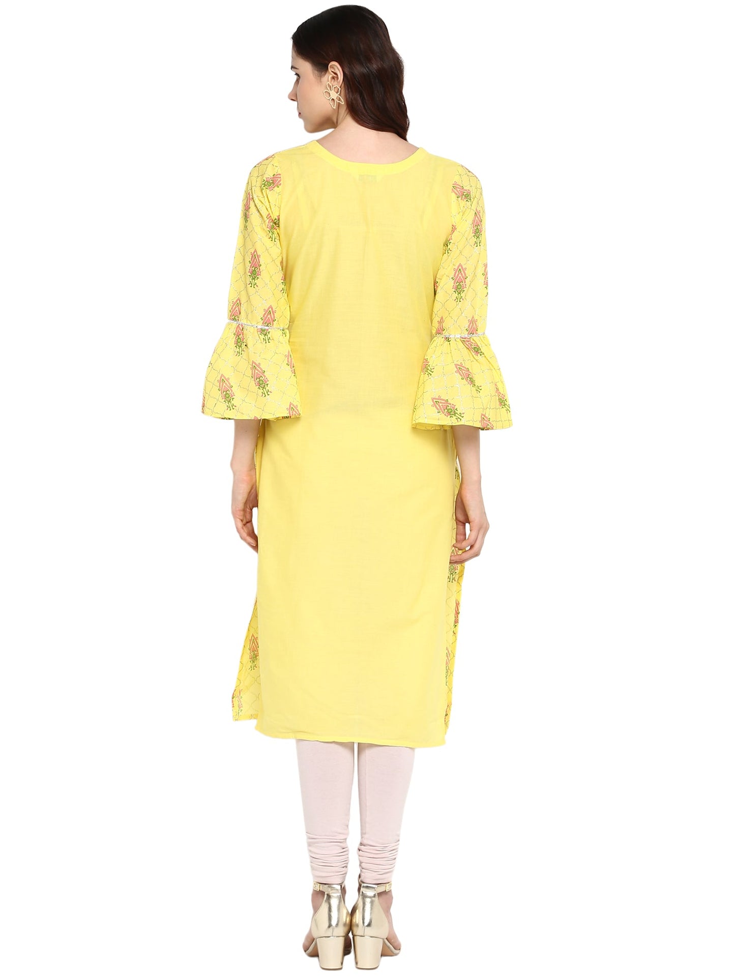 Women's Yellow Cotton Only Kurta With Fit & Flare Sleeves
