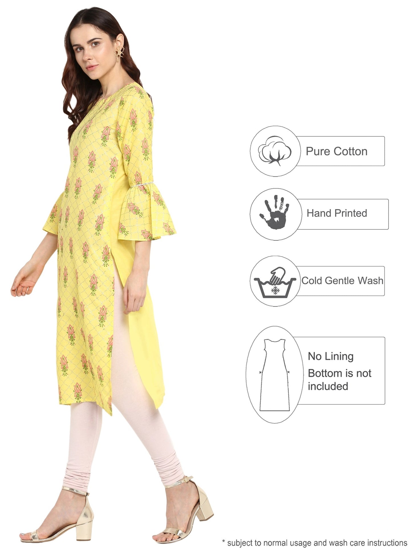 Women's Yellow Cotton Only Kurta With Fit & Flare Sleeves