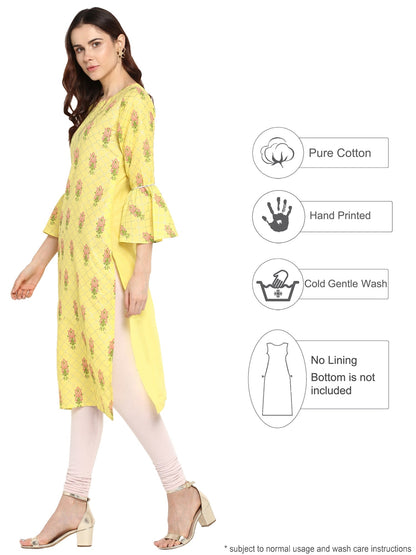 Women's Yellow Cotton Only Kurta With Fit & Flare Sleeves