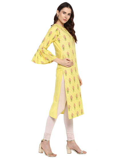Women's Yellow Cotton Only Kurta With Fit & Flare Sleeves