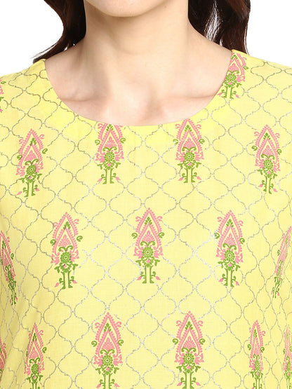 Women's Yellow Cotton Only Kurta With Fit & Flare Sleeves