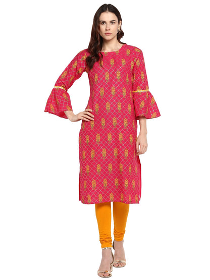 Women's Pink Cotton Only Kurta With Fit & Flare Sleeves