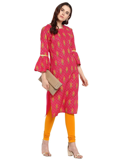 Women's Pink Cotton Only Kurta With Fit & Flare Sleeves